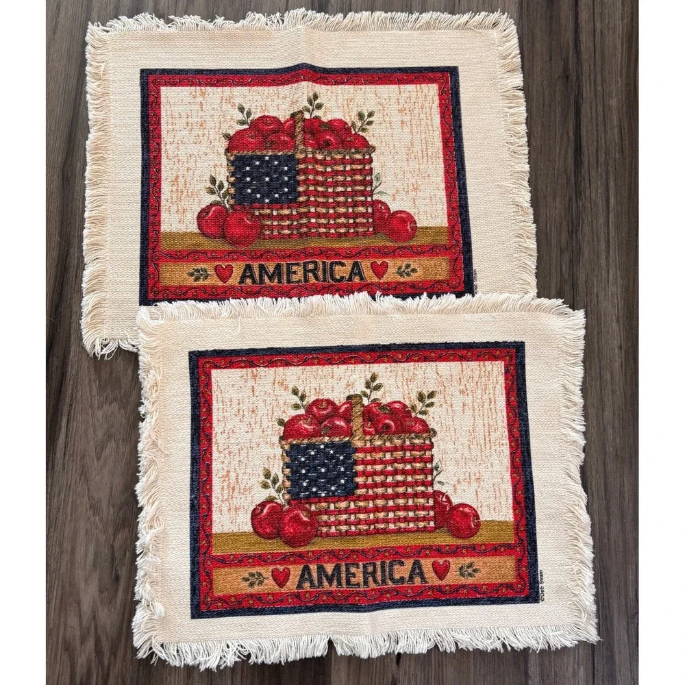 Patriotic Apple Basket Deb Strain Placemats Woven Fringe Set of 2 Cream Vintage